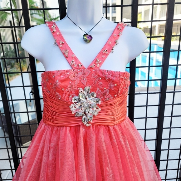 Sherri Hill Coral Tulle Dress Girls 12 (w/ Brooch & Beaded Straps) | Pageantwear - Picture 12 of 16